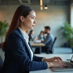 Professionnelle en marketing digital utilisant un outil d'emailing sur son ordinateur portable dans un bureau moderne