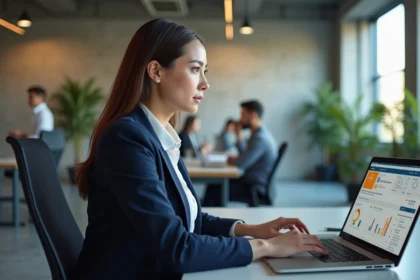 Professionnelle en marketing digital utilisant un outil d'emailing sur son ordinateur portable dans un bureau moderne