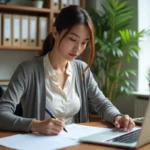 Jeune femme en bureau lumineux consulte des notes