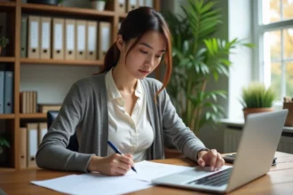Jeune femme en bureau lumineux consulte des notes