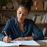 Femme préparant ses questions d'entretien de naturalisation avec des documents imprimés et des notes manuscrites