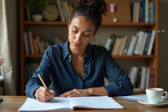 Femme préparant ses questions d'entretien de naturalisation avec des documents imprimés et des notes manuscrites
