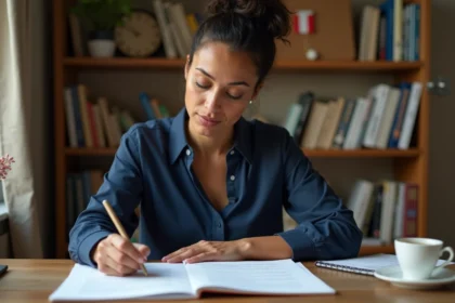 Femme préparant ses questions d'entretien de naturalisation avec des documents imprimés et des notes manuscrites