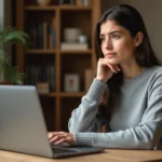 Jeune femme frustrée devant un écran d'erreur de connexion sur sa plateforme de cours en ligne Psblearn
