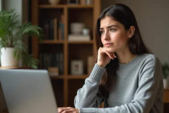 Jeune femme frustrée devant un écran d'erreur de connexion sur sa plateforme de cours en ligne Psblearn