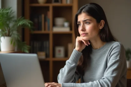 Jeune femme frustrée devant un écran d'erreur de connexion sur sa plateforme de cours en ligne Psblearn