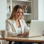 Femme professionnelle analysant les statistiques de sa newsletter sur un ordinateur portable dans un bureau à domicile minimaliste