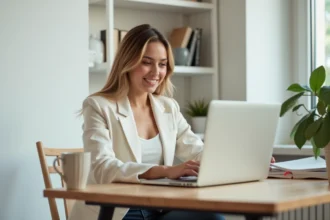 Femme professionnelle analysant les statistiques de sa newsletter sur un ordinateur portable dans un bureau à domicile minimaliste