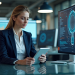 Femme d affaires en blazer bleu avec tablette dans un bureau moderne