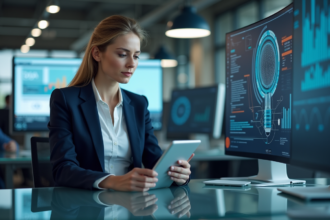 Femme d affaires en blazer bleu avec tablette dans un bureau moderne