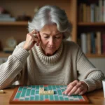 Femme jouant au Scrabble avec des lettres sur un plateau en bois, stratégie de jeu de lettres gagnant