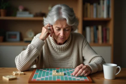 Femme jouant au Scrabble avec des lettres sur un plateau en bois, stratégie de jeu de lettres gagnant