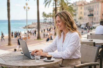 Femme souriante sur une terrasse face à la mer Méditerranée
