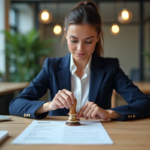 Femme apposant un sceau bilitteratie sur un CV dans un bureau moderne
