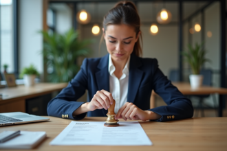 Femme apposant un sceau bilitteratie sur un CV dans un bureau moderne