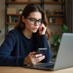 Femme en télétravail avec ordinateur et smartphone dans un salon cosy