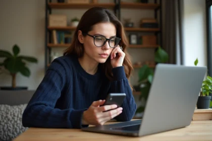 Femme en télétravail avec ordinateur et smartphone dans un salon cosy