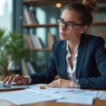 Femme en blazer navy et lunettes étudie des documents politiques