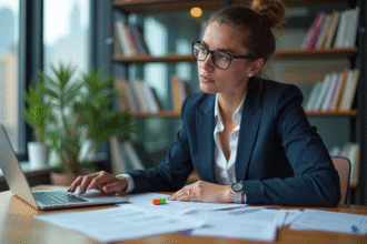 Femme en blazer navy et lunettes étudie des documents politiques