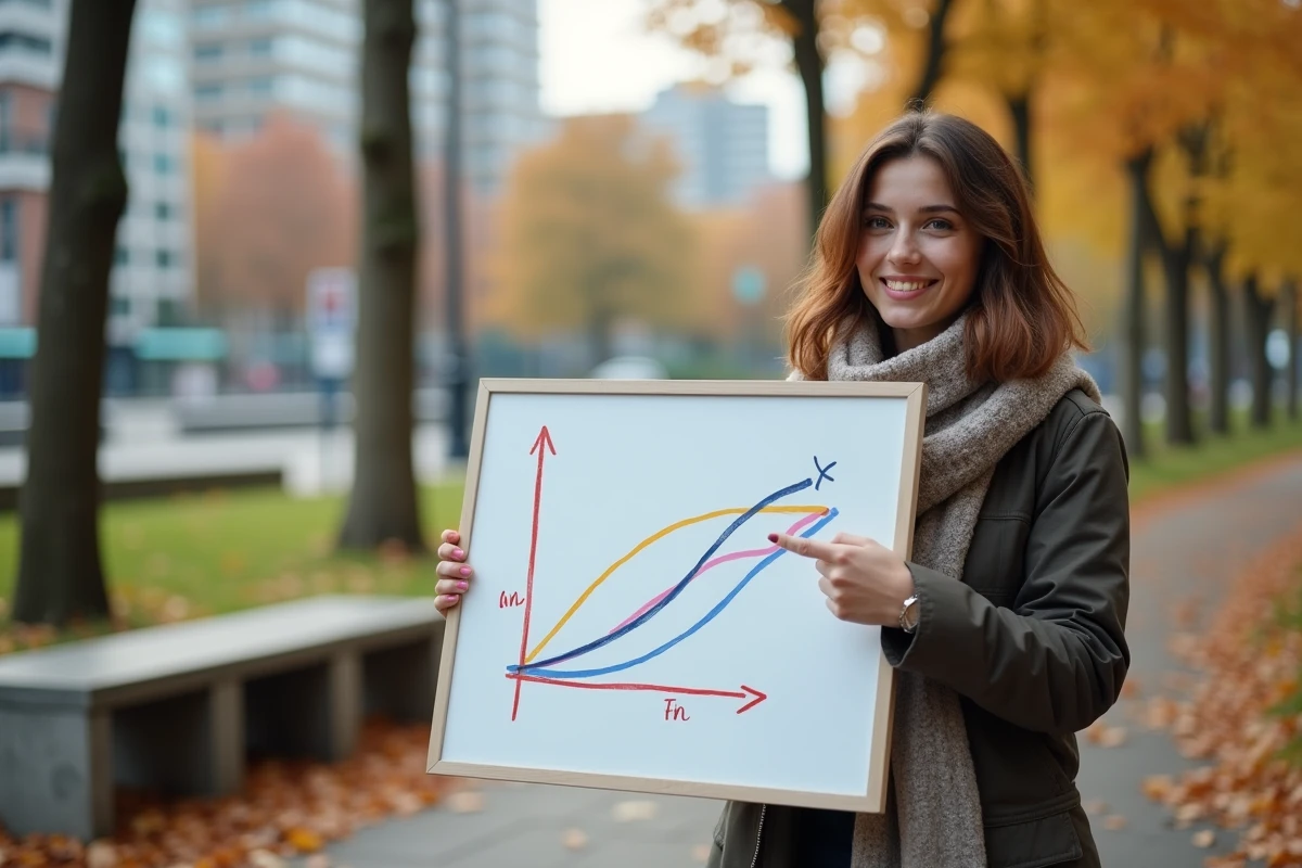 Jeune femme expliquant un graphique avec un tableau blanc en plein air