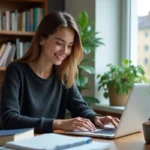 Jeune femme souriante utilisant un ordinateur pour apprendre l'allemand
