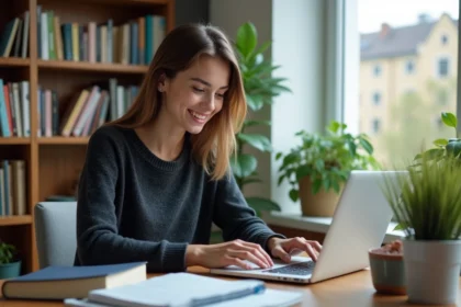 Jeune femme souriante utilisant un ordinateur pour apprendre l'allemand