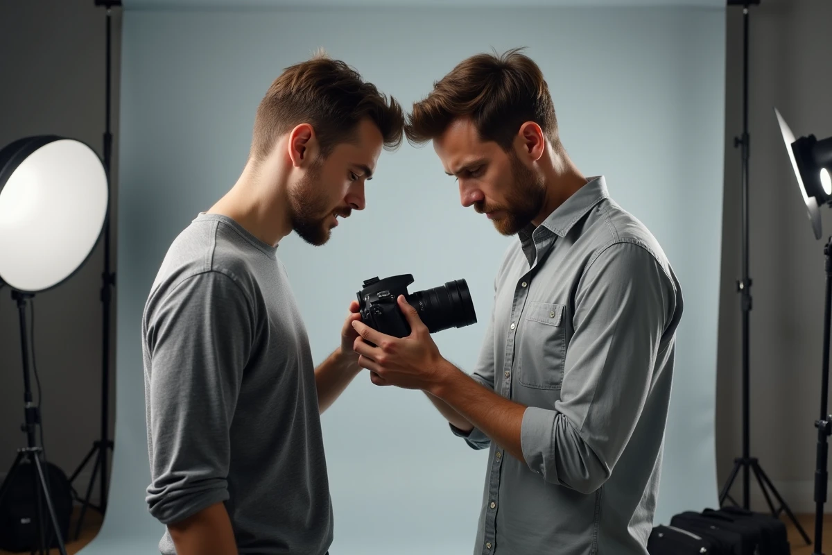 Formateur en photographie corrigeant l'erreur d'un étudiant débutant en studio, tous deux analysant les réglages sur l'écran d'un appareil photo