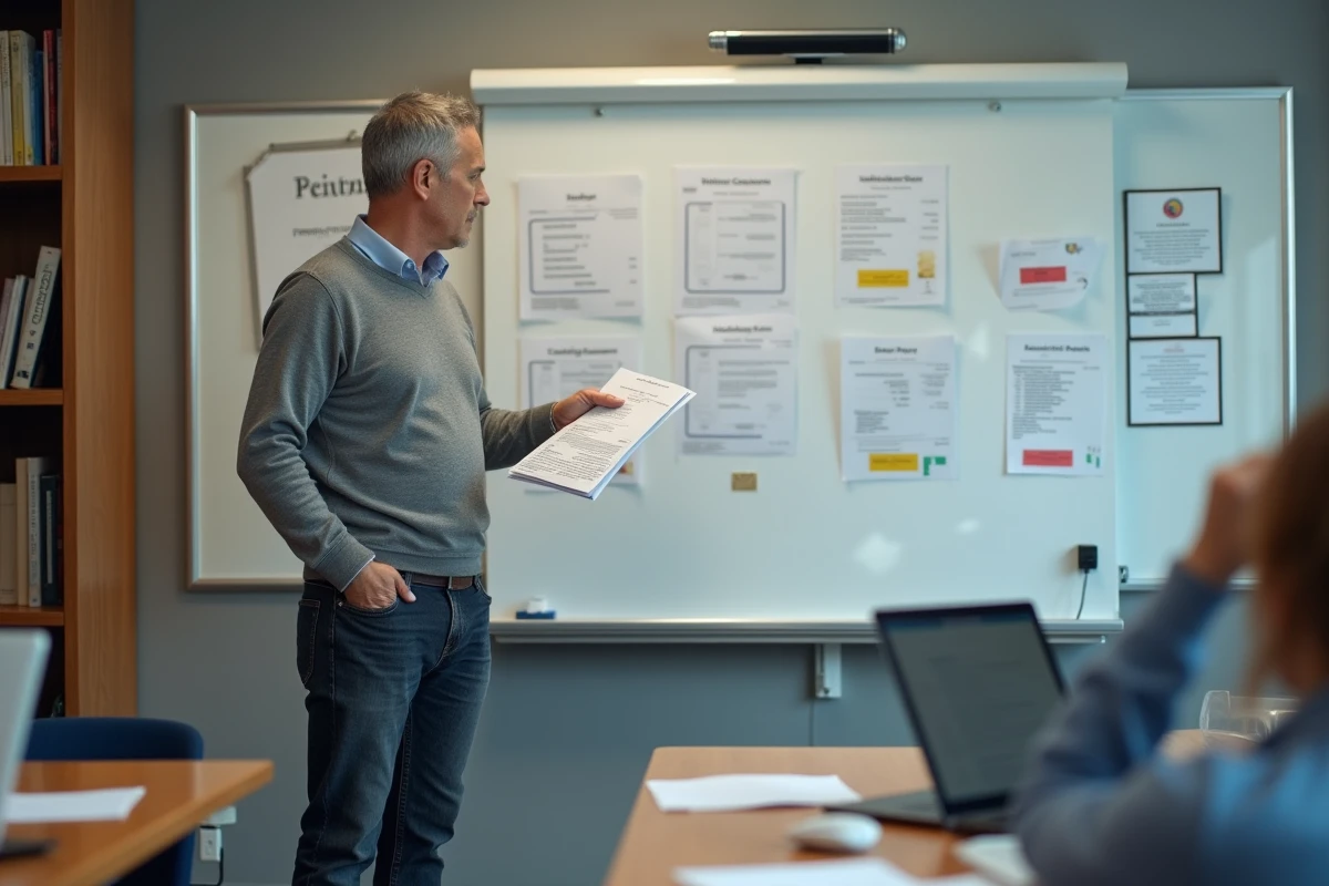 Formateur adulte consultant un programme de formation courte reconnue dans une salle de cours professionnelle