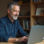 Homme consultant une formation bricolage en ligne sur son ordinateur portable depuis son bureau à domicile