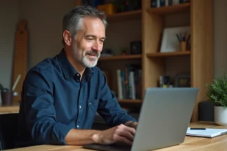 Homme consultant une formation bricolage en ligne sur son ordinateur portable depuis son bureau à domicile