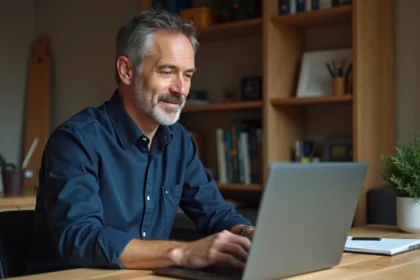 Homme consultant une formation bricolage en ligne sur son ordinateur portable depuis son bureau à domicile