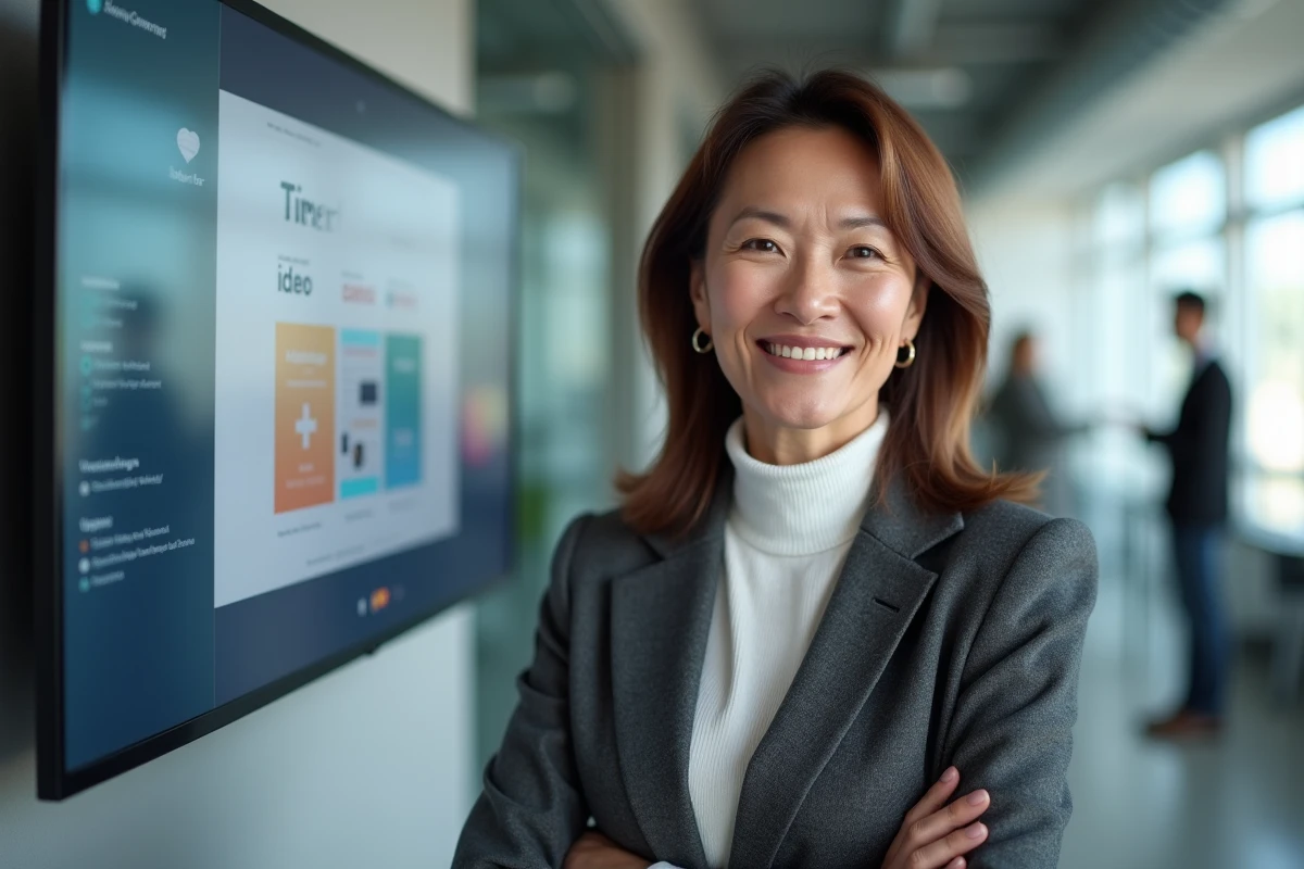 Femme cadre présentant un kit de personal branding créé sur Canva dans un espace de coworking moderne après une formation CPF
