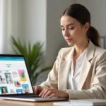Femme professionnelle suivant une formation Canva CPF sur son ordinateur portable dans un bureau moderne pour améliorer son personal branding