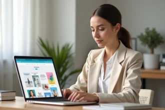 Femme professionnelle suivant une formation Canva CPF sur son ordinateur portable dans un bureau moderne pour améliorer son personal branding
