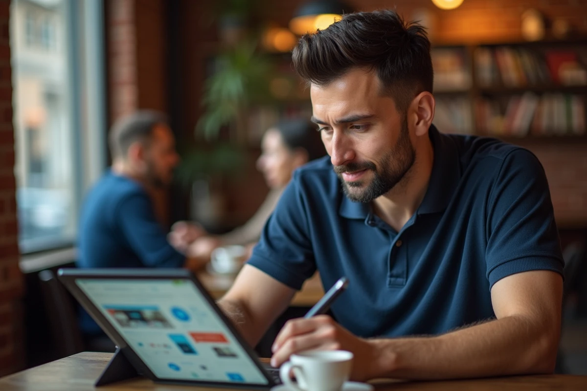 Homme en télétravail utilisant Canva sur une tablette dans un café pour se former au personal branding via le CPF
