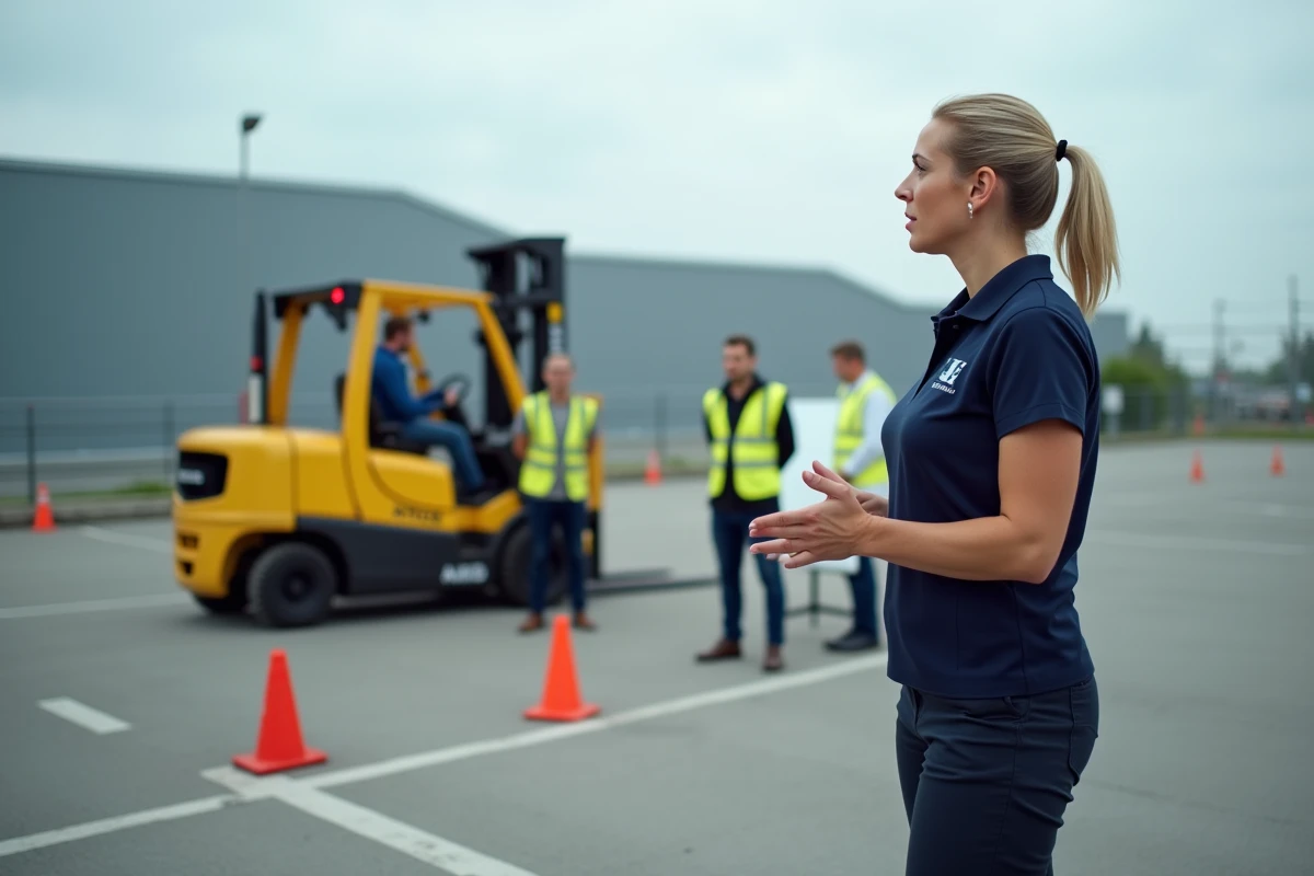 Formatrice CACES expliquant les critères de conduite d'un chariot élévateur à des stagiaires dans un centre de formation extérieur