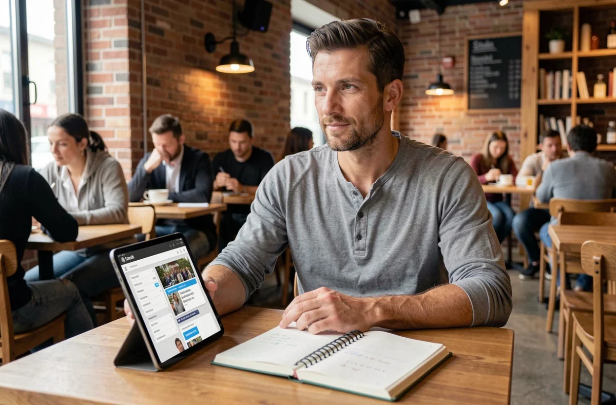 Freelance masculin consultant un abonnement magazine numérique en terrasse de café, évaluant le coût stratégique pour son activité indépendante