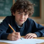 Jeune garçon concentré dessinant une tangente sur un papier de géométrie