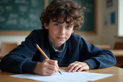 Jeune garçon concentré dessinant une tangente sur un papier de géométrie
