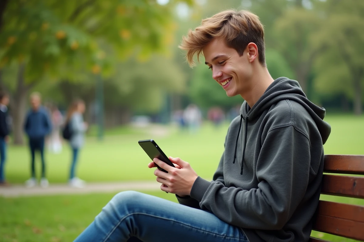 Garçon de 18 ans sur un banc de parc avec smartphone