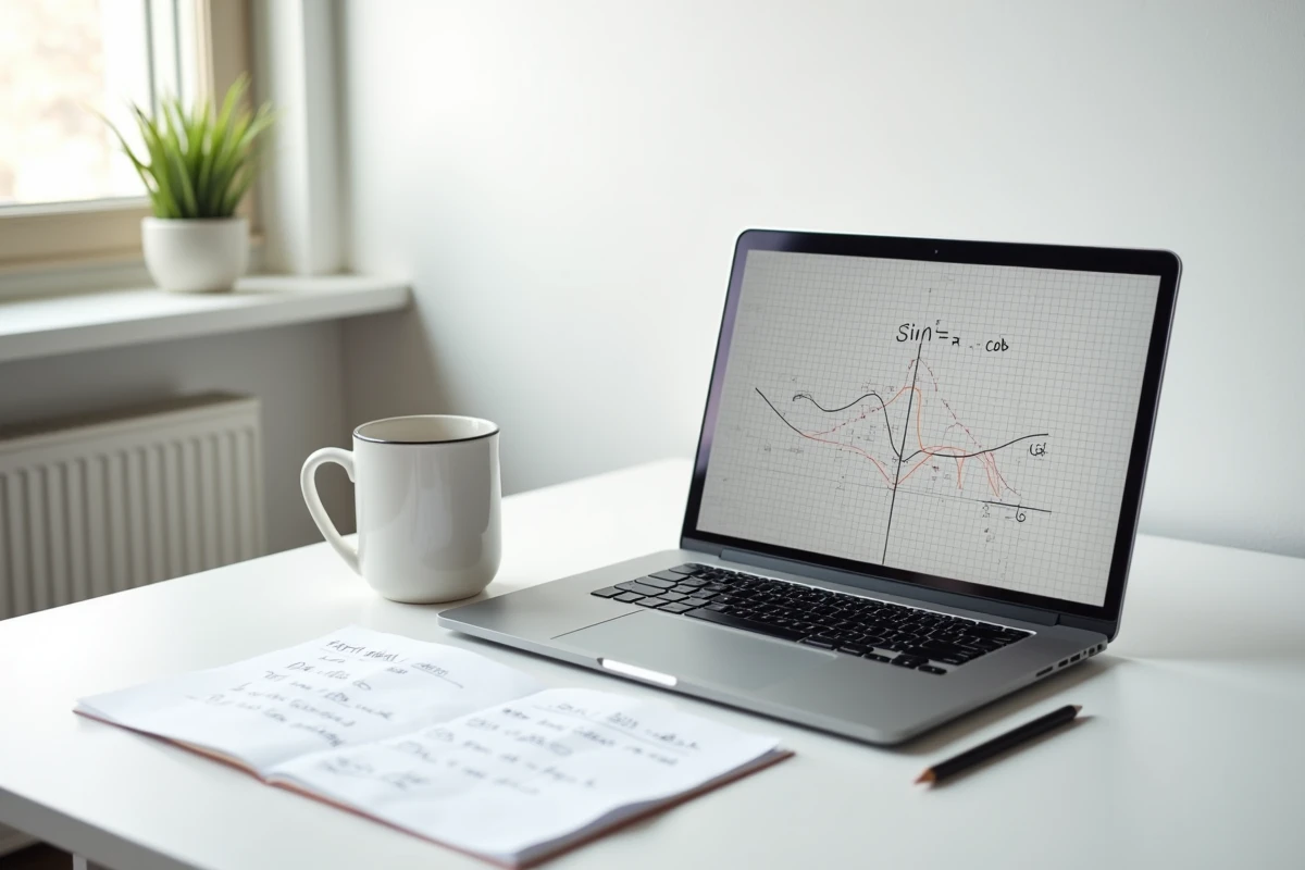 Écran d'ordinateur affichant un graphique des courbes sinus et cosinus avec une feuille de formules trigonométriques posée sur un bureau moderne