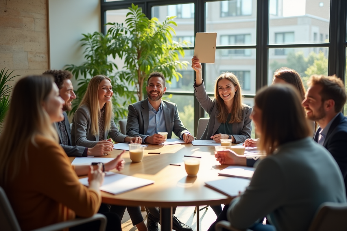 Groupe diversifié célébrant avec un certificat ICF dans une salle lumineuse