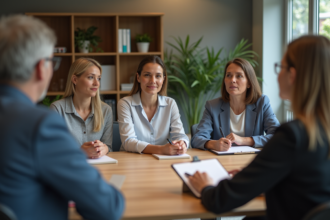 Groupe de professionnels en réunion dans un bureau moderne