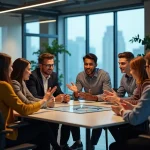 Groupe de jeunes professionnels en discussion dans un bureau moderne