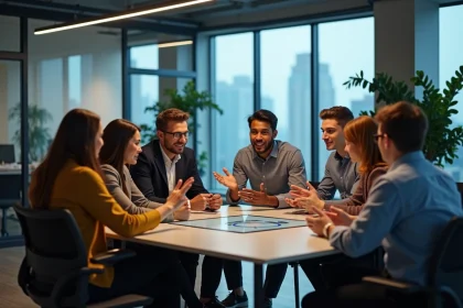 Groupe de jeunes professionnels en discussion dans un bureau moderne