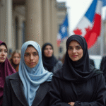 Groupe divers devant un tribunal au Quebec avec drapeau