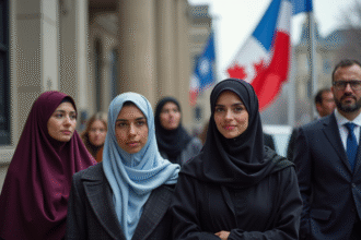 Groupe divers devant un tribunal au Quebec avec drapeau