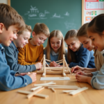 Groupe d'élèves construisant un modèle de pont à l'école