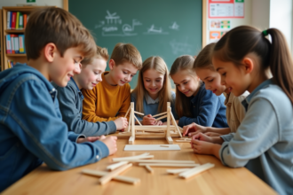 Groupe d'élèves construisant un modèle de pont à l'école