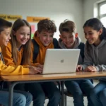 Groupe d'élèves de collège autour d'un ordinateur en classe